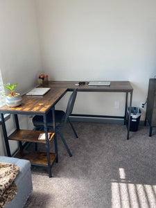 L-Shaped Computer Desk, Industrial Corner Writing Desk with Adjustable Shelves, Study Workstation