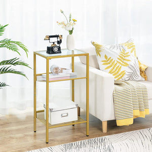 Tall End Table, Tempered Glass Telephone Table with Mesh Shelf, 3-Tier High and Narrow Side Table