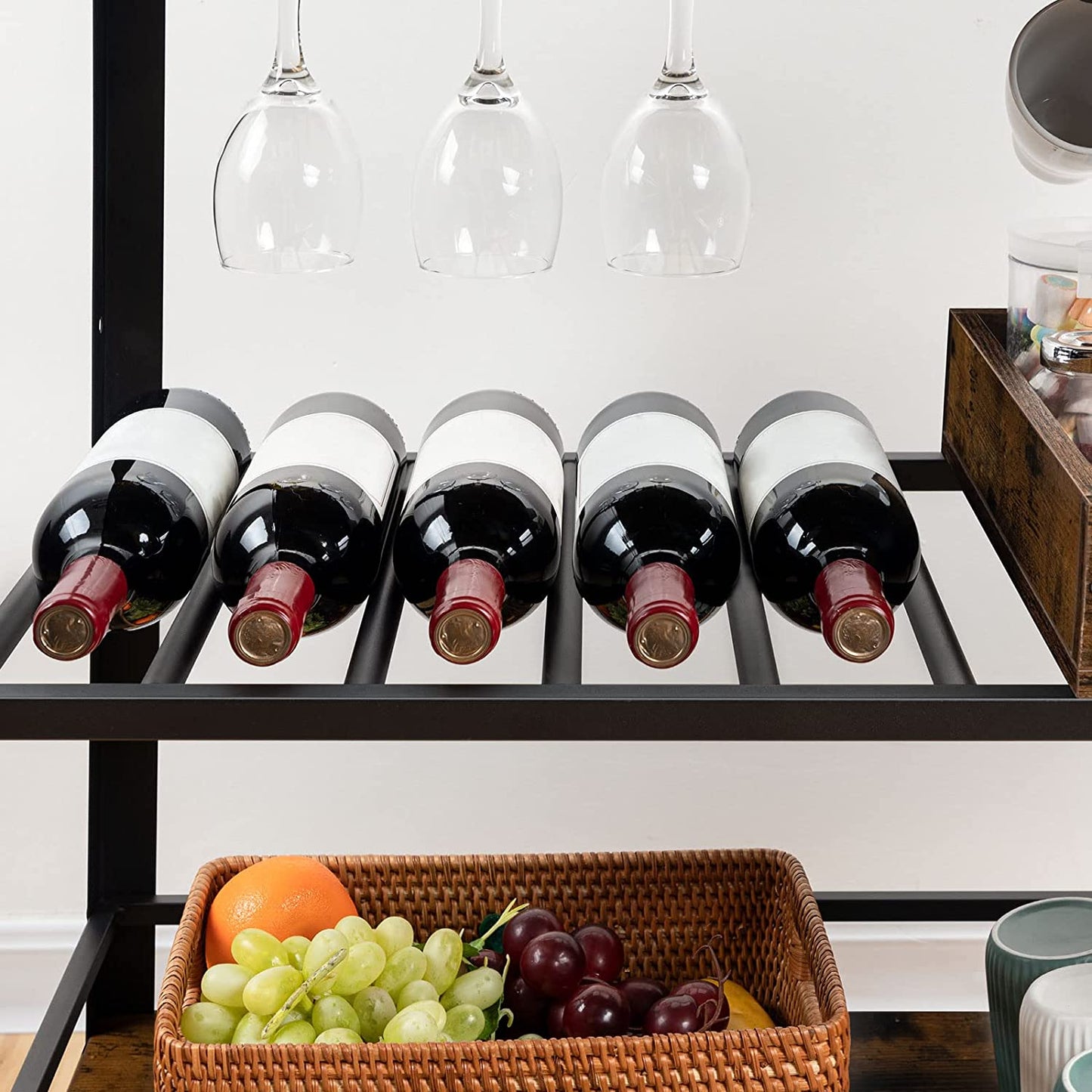 Bar Cart, Serving Cart with Removable Tray, Kitchen Cart with Wine Rack and Cup Holders, Lockable Castors