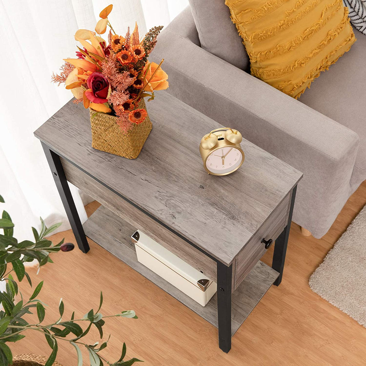 Side Table, 2-Tier Nightstand with Drawer, Narrow End Table