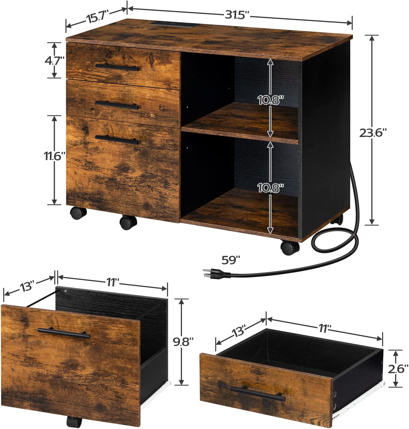 File Cabinet, Lateral Filing Cabinet with Socket, USB Charging Port, 3-Drawer, Printer Stand