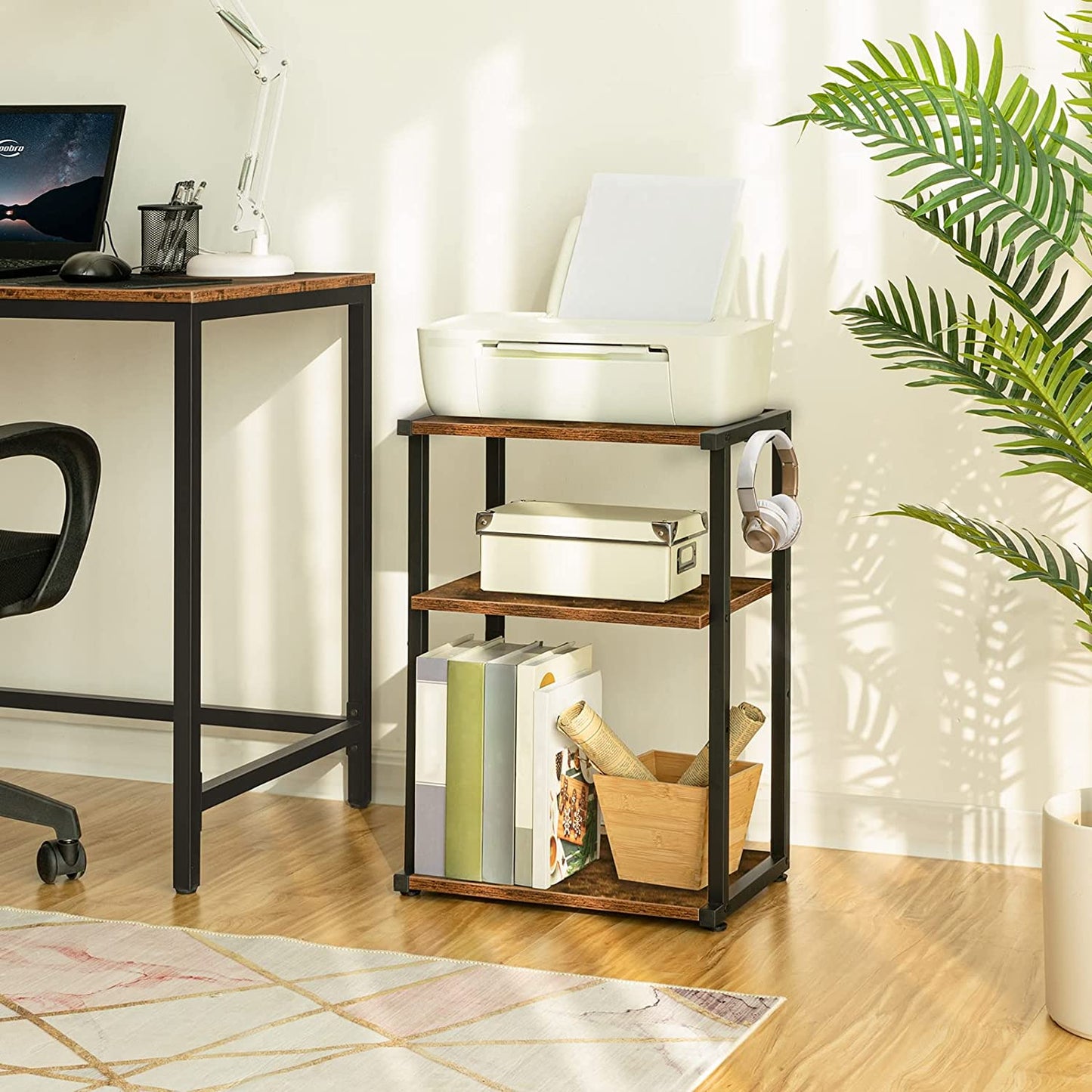 Industrial Printer Stand, 3-Tier Printer Table, Under Desk Storage Cart