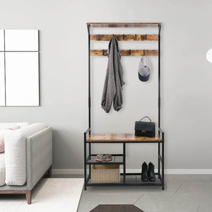 3 in 1 Design Coat Rack Shoe Bench, Wood Look Accent Furniture with Metal Frame - HWLEXTRA