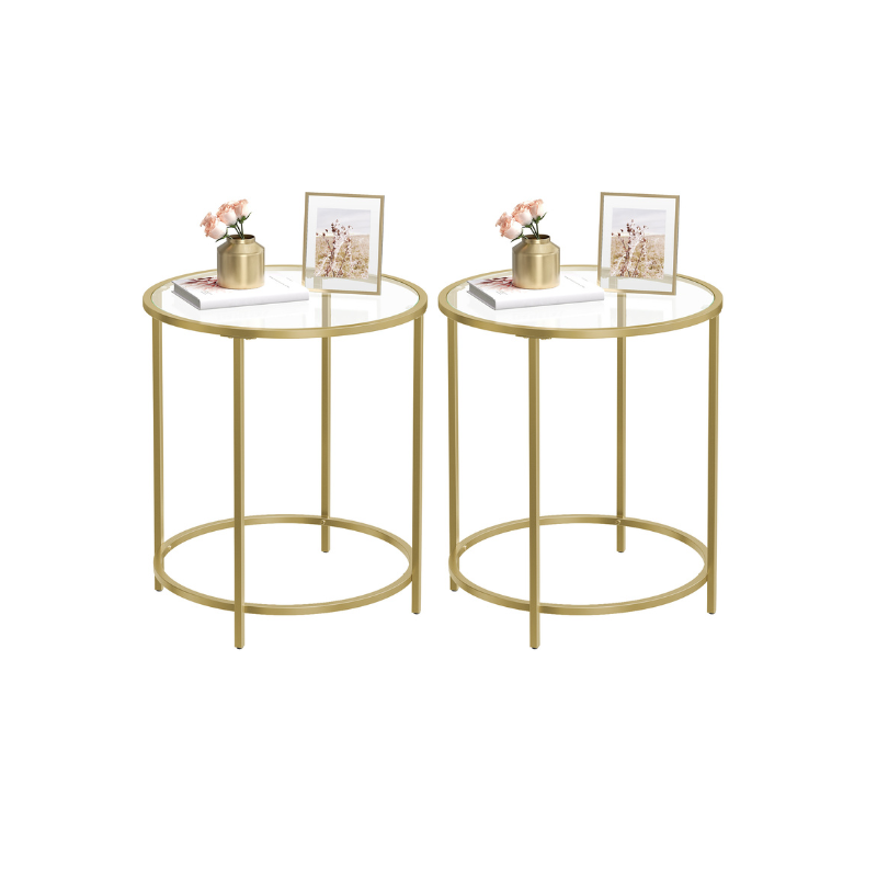 Glass Round Side Table with Metal Frame, Set of 2 - HWLEXTRA 