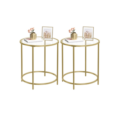 Glass Round Side Table with Metal Frame, Set of 2 - HWLEXTRA 