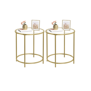Glass Round Side Table with Metal Frame, Set of 2