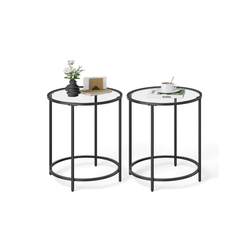Glass Round Side Table with Metal Frame, Set of 2 - HWLEXTRA 