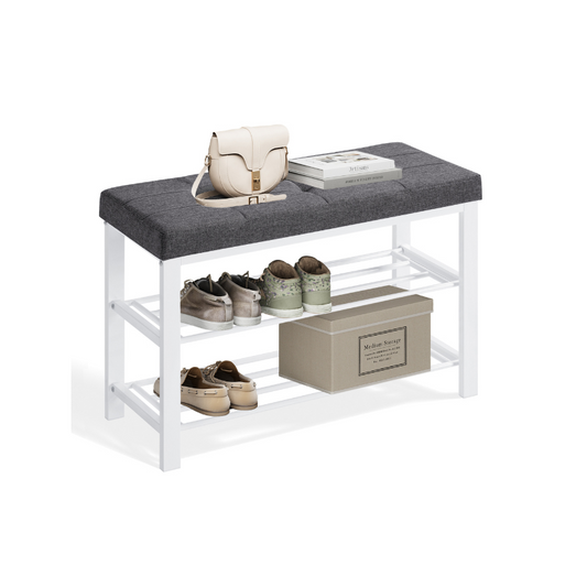 Shoe Bench, 3-Tier Shoe Rack for Entryway, Storage Organizer with Foam Padded Seat, Linen, Metal Frame, for Living Room, Hallway, 31.9 x 12.2 x 19.3 Inches, White and Gray