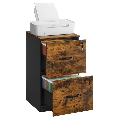 2 Drawers File Cabinet with Lock, Printer Stand, Rustic Brown and Ink Black