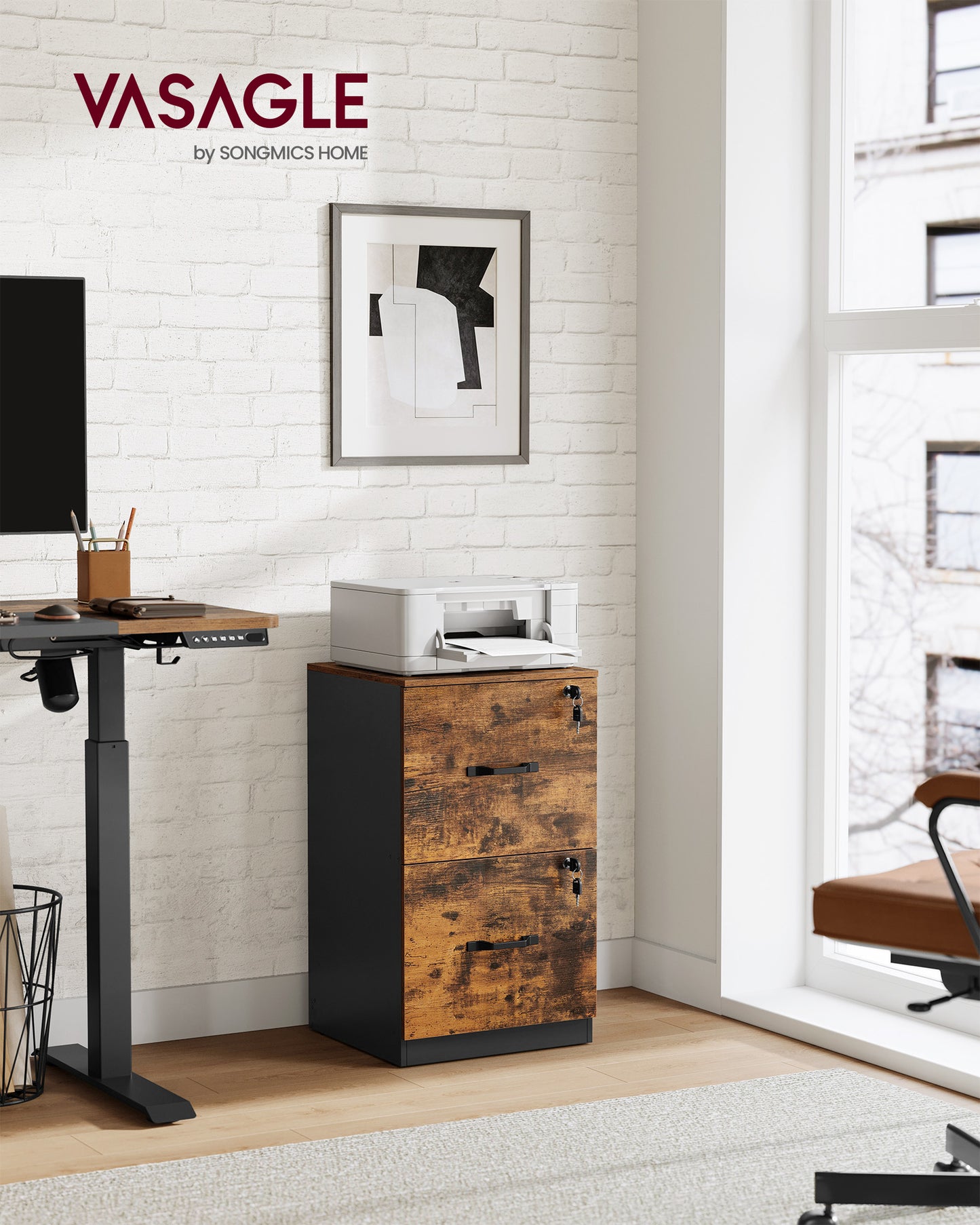 2 Drawers File Cabinet with Lock, Printer Stand, Rustic Brown and Ink Black
