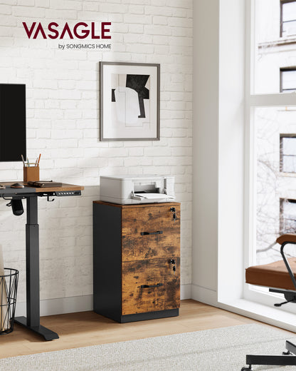 2 Drawers File Cabinet with Lock, Printer Stand, Rustic Brown and Ink Black