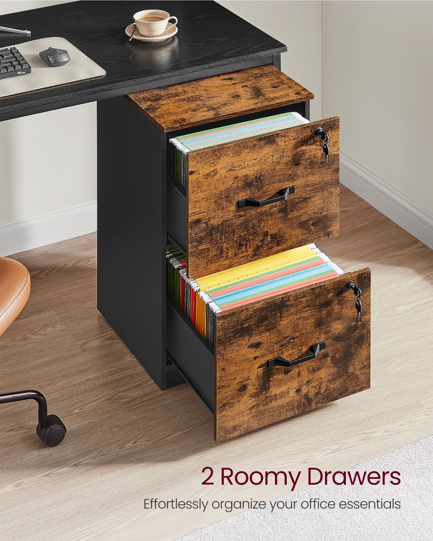 2 Drawers File Cabinet with Lock, Printer Stand, Rustic Brown and Ink Black