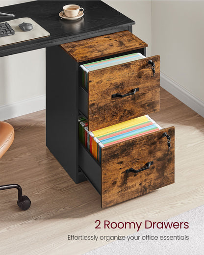 2 Drawers File Cabinet with Lock, Printer Stand, Rustic Brown and Ink Black