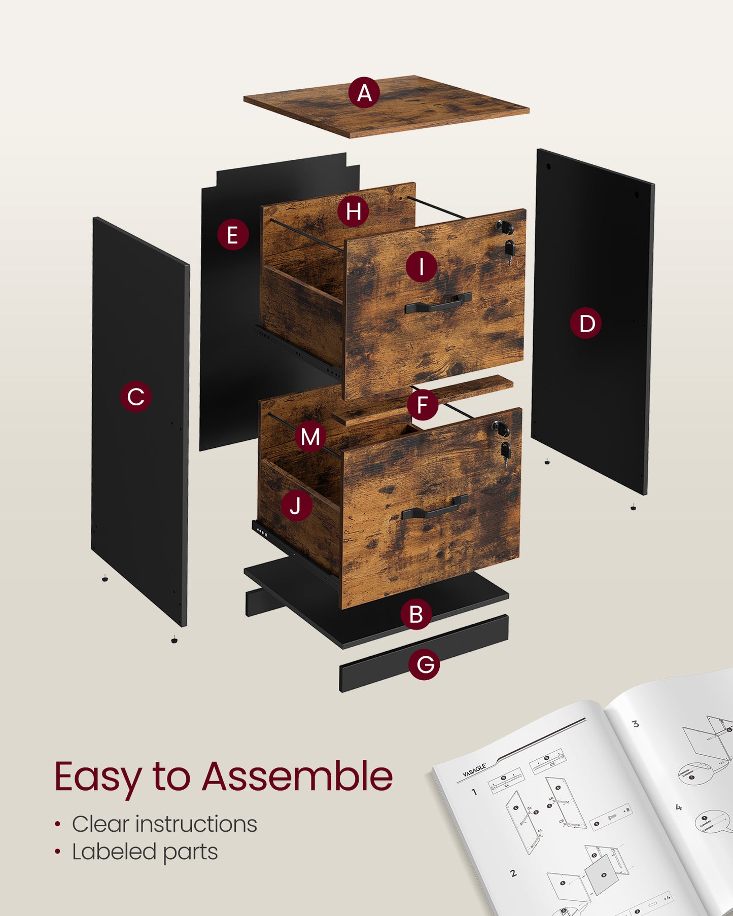 2 Drawers File Cabinet with Lock, Printer Stand, Rustic Brown and Ink Black