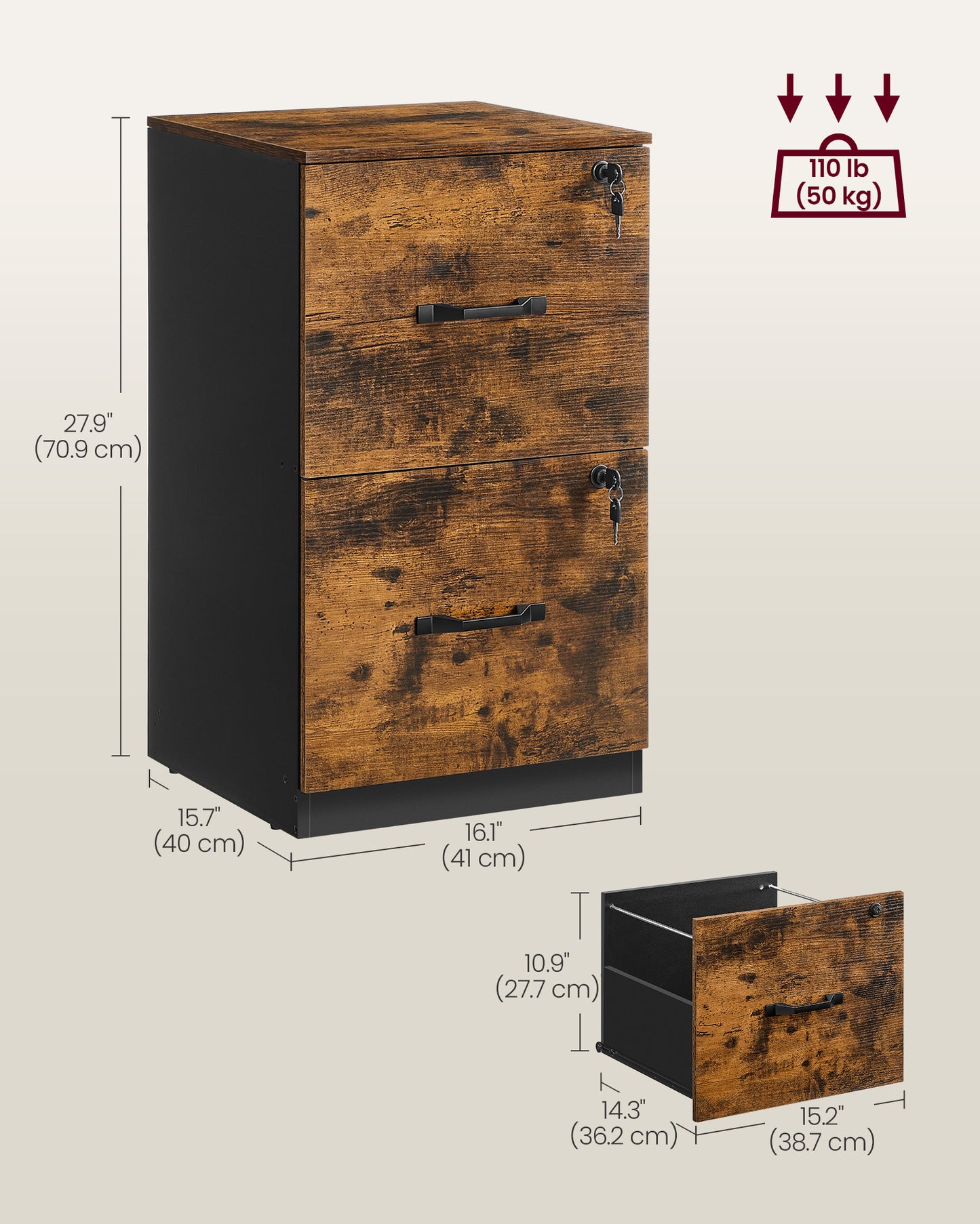 2 Drawers File Cabinet with Lock, Printer Stand, Rustic Brown and Ink Black