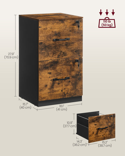 2 Drawers File Cabinet with Lock, Printer Stand, Rustic Brown and Ink Black