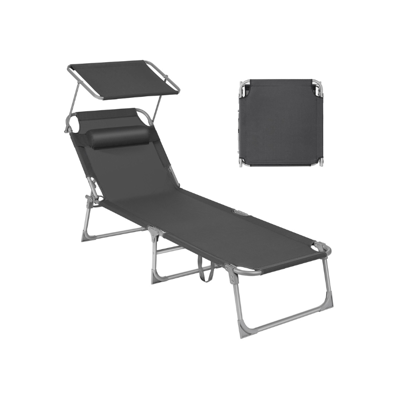 Sun Lounger with Sunshade Headrest Adjustable Backrest - HWLEXTRA 