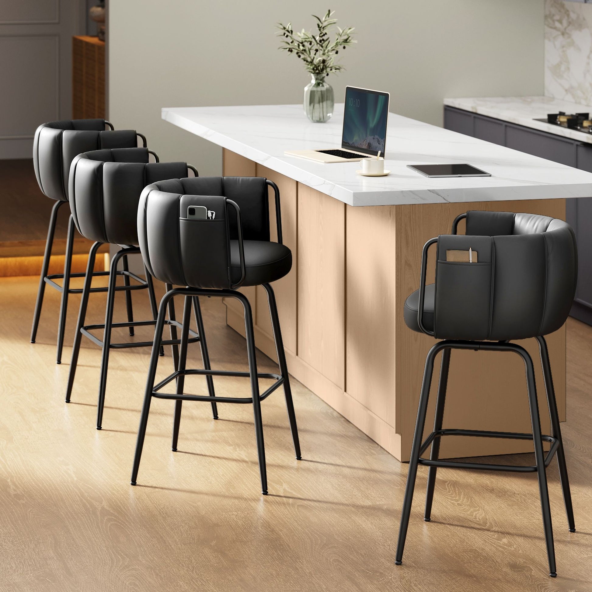 360° Swivel Bar Stools Set of 4, Barstools with Curved Back, Ink Black - image 2