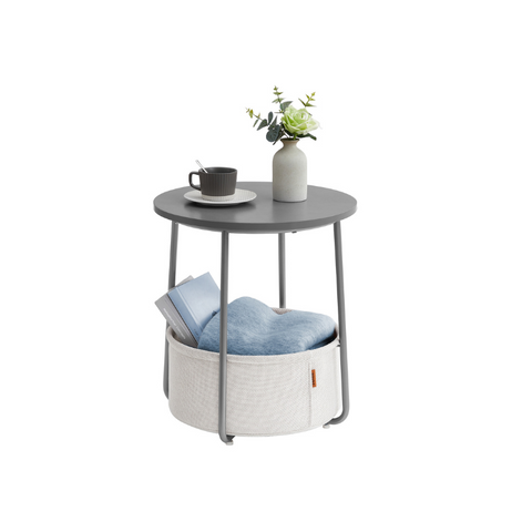 Round Side Table with Fabric Basket Dove Gray and Classic White