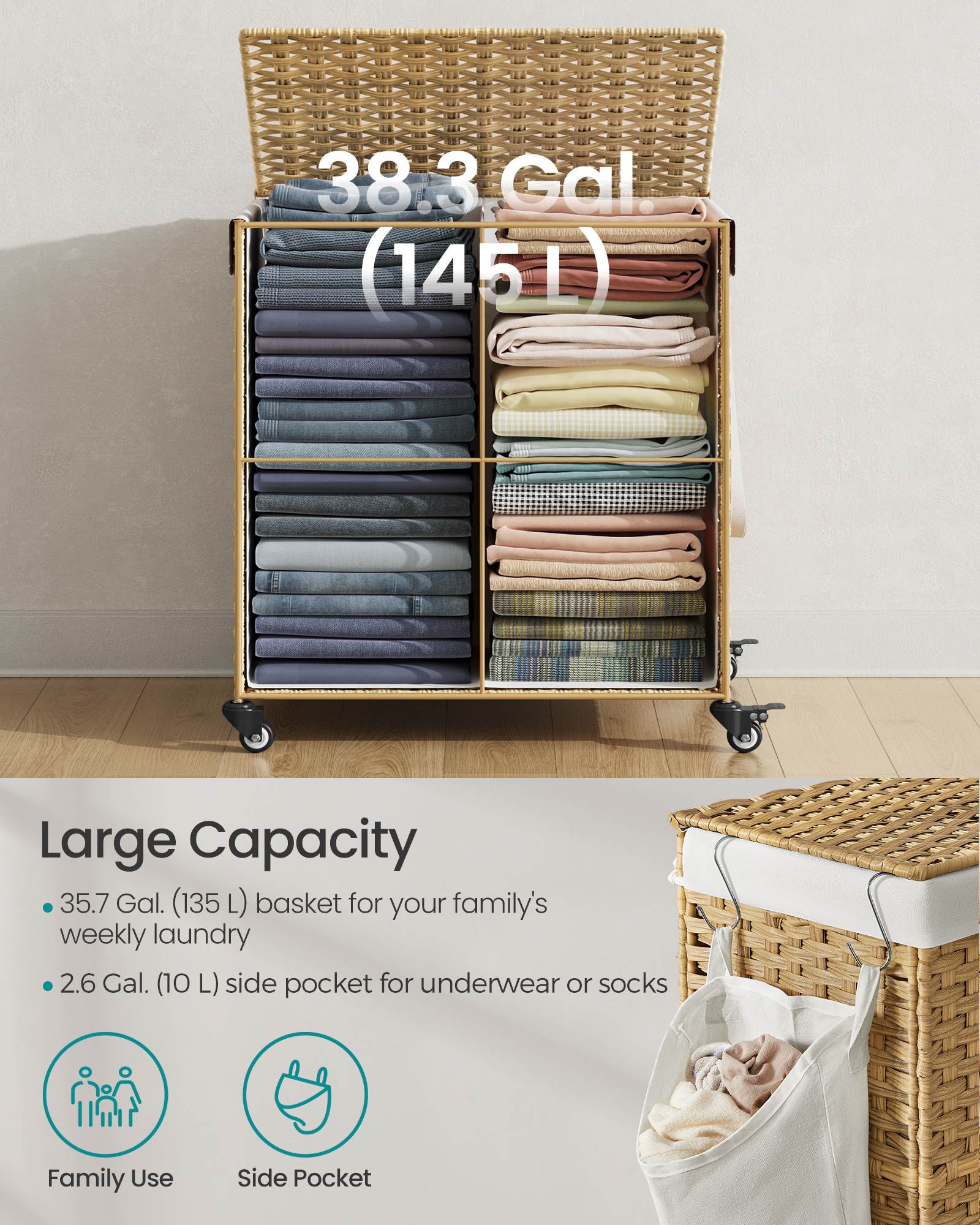 145L Rollling Laundry Hamper with Lid - HWLEXTRA 