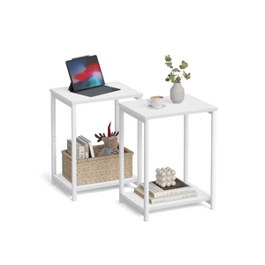 End Tables Set of 2, Side Tables with Storage Shelf, Slim Night Tables, Steel Frame, for Living Room, Study, Bedroom, Industrial, White ULET272W14
