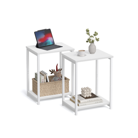 End Tables Set of 2, Side Tables with Storage Shelf, Slim Night Tables, Steel Frame, for Living Room, Study, Bedroom, Industrial, White ULET272W14