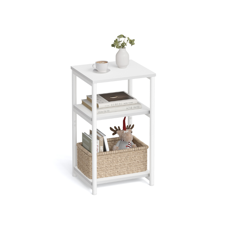 Tall Side Table, End Table with Storage Shelves, 3-Tier Slim Table, Steel Frame, for Living Room, Study, Bedroom, Industrial, White
