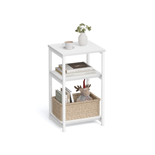 Tall Side Table, End Table with Storage Shelves, 3-Tier Slim Table, Steel Frame, for Living Room, Study, Bedroom, Industrial, White