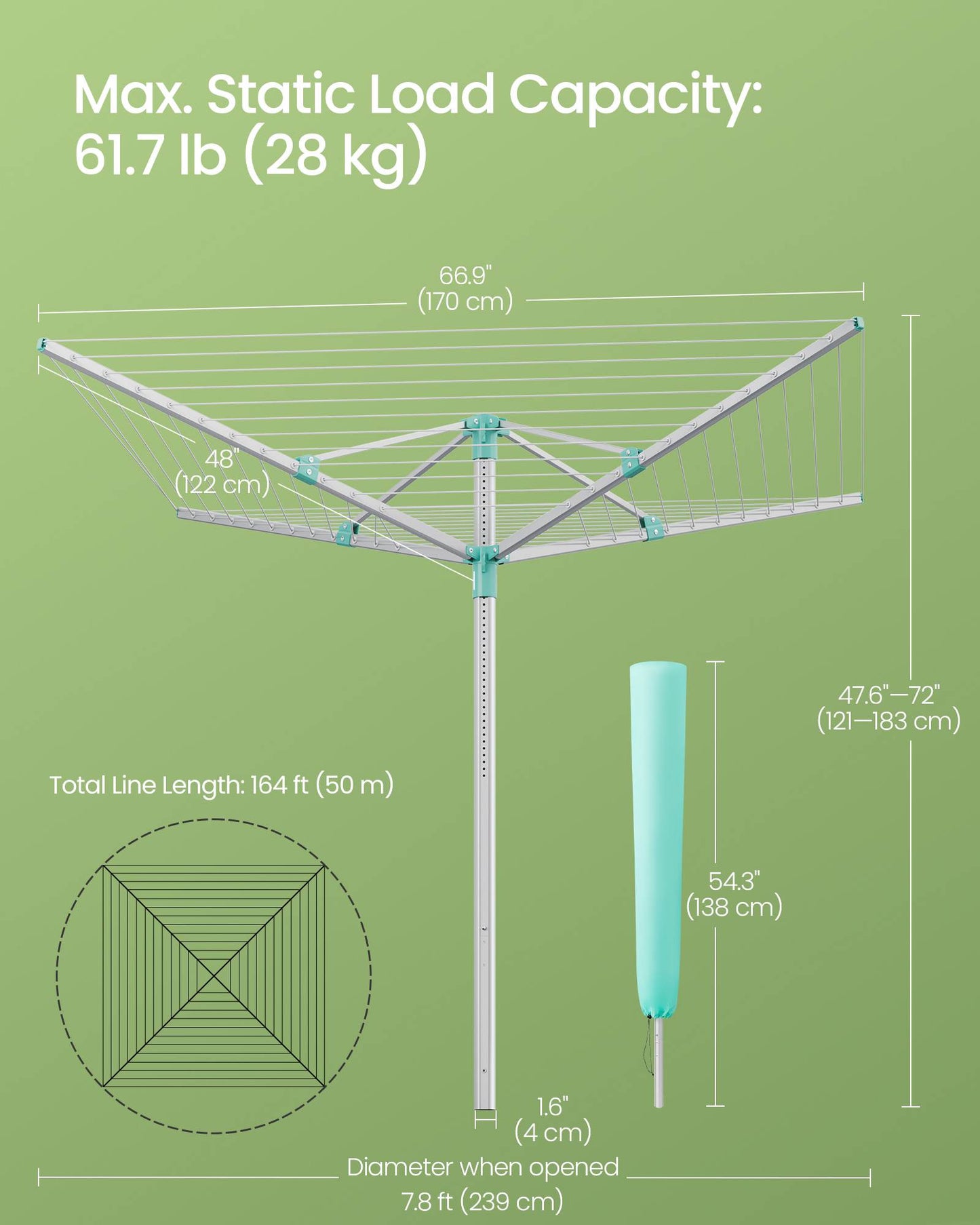 Umbrella Drying Rack, 164 ft Long Clothesline