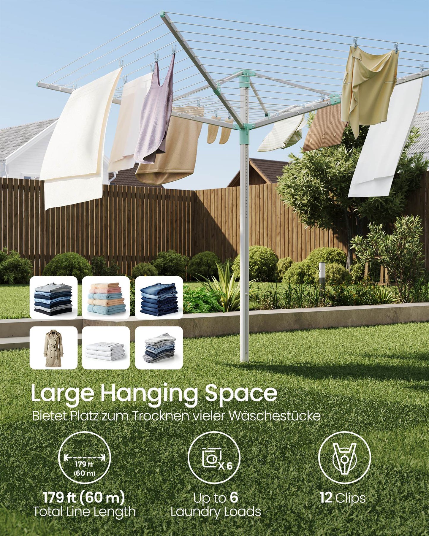 Umbrella Drying Rack, 197 ft Long Clothesline