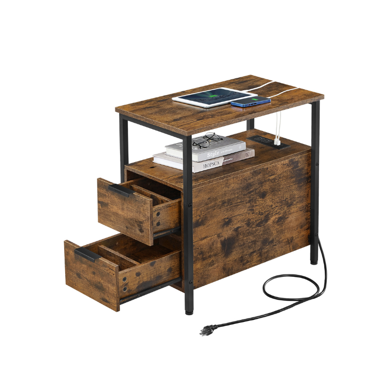 Narrow End Table with Charging Station and 2 Drawers - HWLEXTRA 