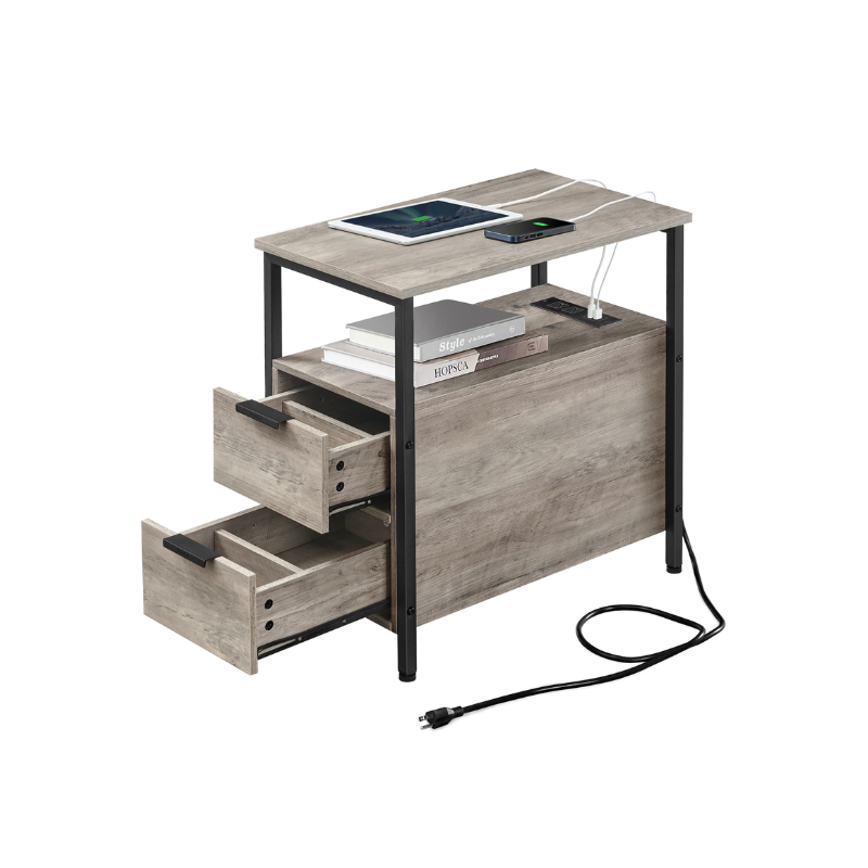 Narrow End Table with Charging Station and 2 Drawers - HWLEXTRA 