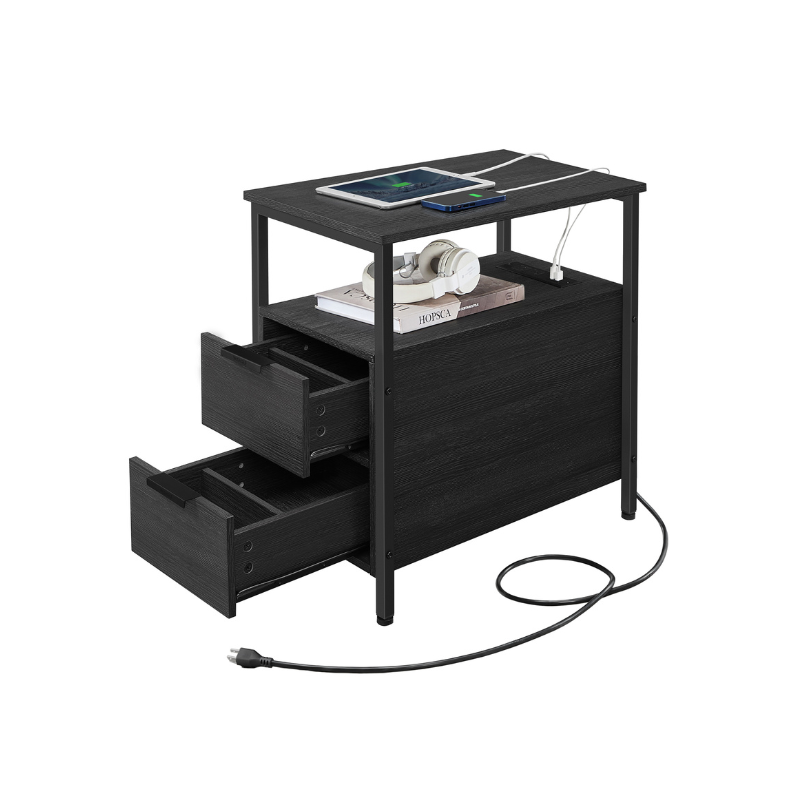 Narrow End Table with Charging Station and 2 Drawers - HWLEXTRA 