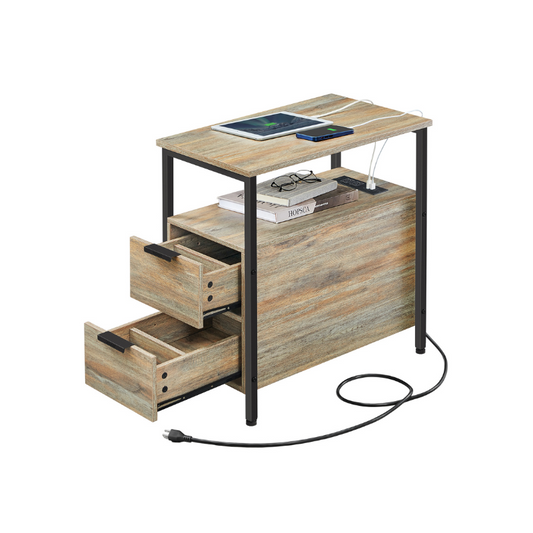 Narrow End Table with Charging Station and 2 Drawers - HWLEXTRA 