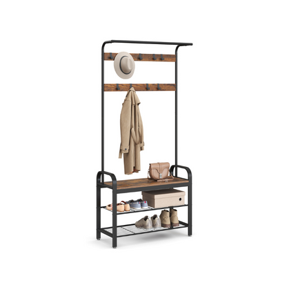 Coat Rack, Hall Tree with Shoe Bench for Entryway, Industrial Accent Furniture with Steel Frame
