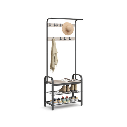 HWLEXTRA Coat Rack, Shoe Bench, Hall Tree with Storage Shelf for Entryway, Industrial Accent Furniture with Steel Frame, 3-in-1 Design, Easy Assembly, Greige and Black - HWLEXTRA 
