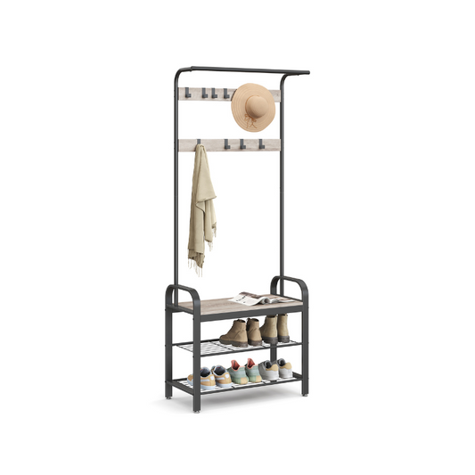 HWLEXTRA Coat Rack, Shoe Bench, Hall Tree with Storage Shelf for Entryway, Industrial Accent Furniture with Steel Frame, 3-in-1 Design, Easy Assembly, Greige and Black - HWLEXTRA 
