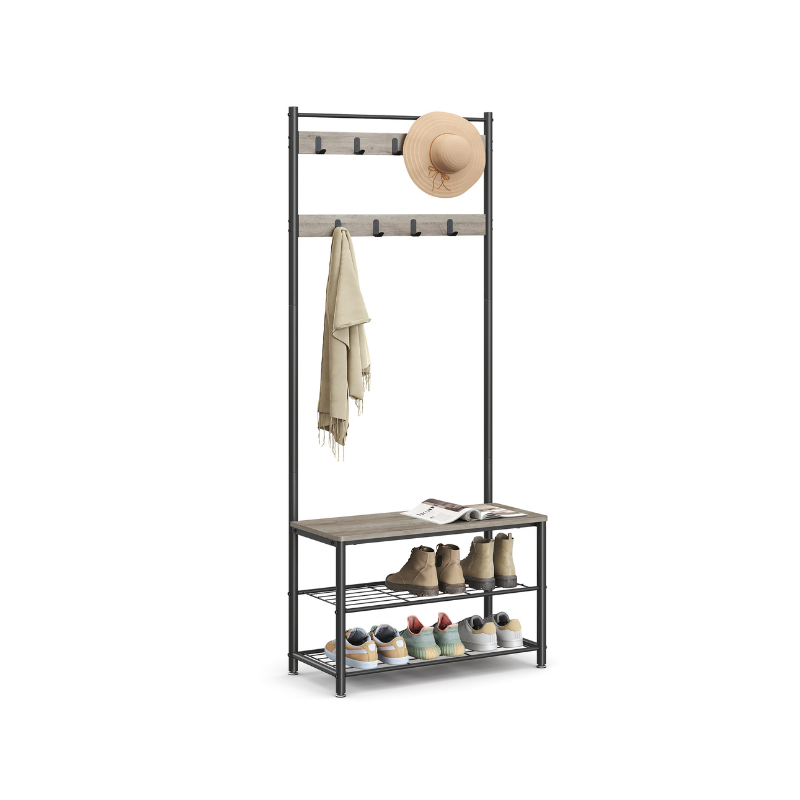 HWLEXTRA Coat Rack, Hall Tree Entryway Shoe Bench, Storage Shelf Organizer, Accent Furniture with Steel Frame, Industrial, Greige and Black