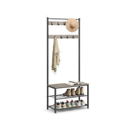 HWLEXTRA Coat Rack, Hall Tree Entryway Shoe Bench, Storage Shelf Organizer, Accent Furniture with Steel Frame, Industrial, Greige and Black