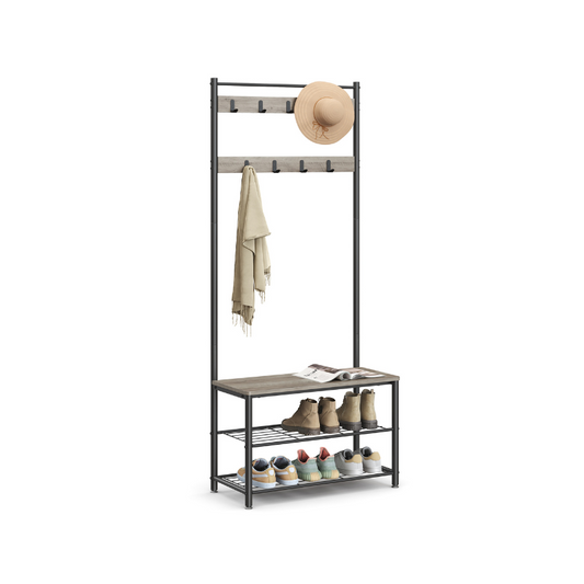 HWLEXTRA Coat Rack, Hall Tree Entryway Shoe Bench, Storage Shelf Organizer, Accent Furniture with Steel Frame, Industrial, Greige and Black