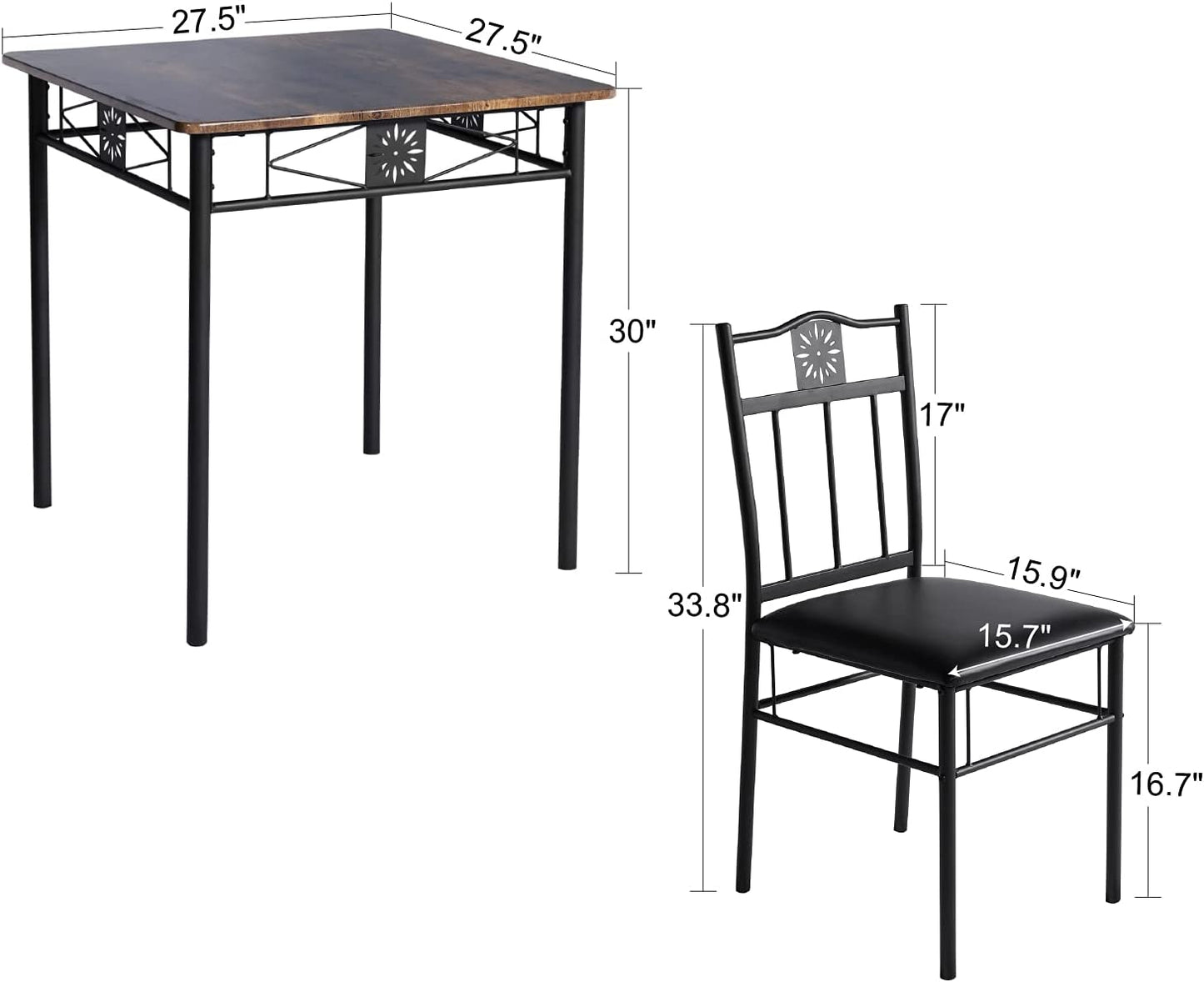 Kitchen Dining Room Table and Cushion Chairs, Dinette Sets, Space Saving, Retro Brown