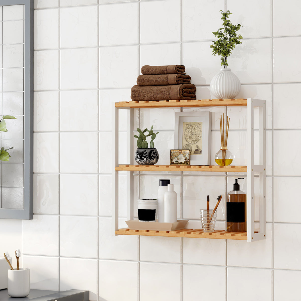 Bamboo Bathroom Shelves, 3-Tier Adjustable Layer Rack, Bathroom Towel Shelf