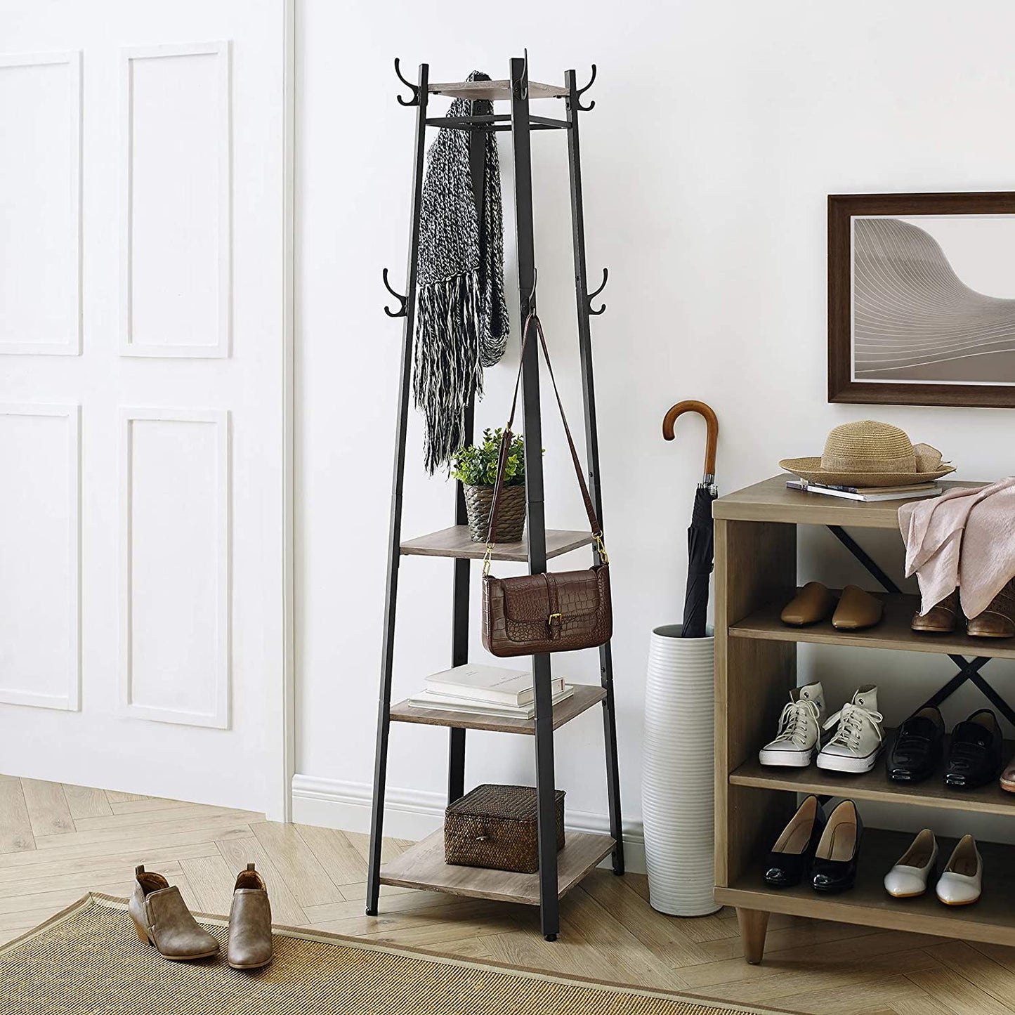 Coat Rack |Hall Trees | Coat Stand with 3 Shelves - HWLEXTRA 