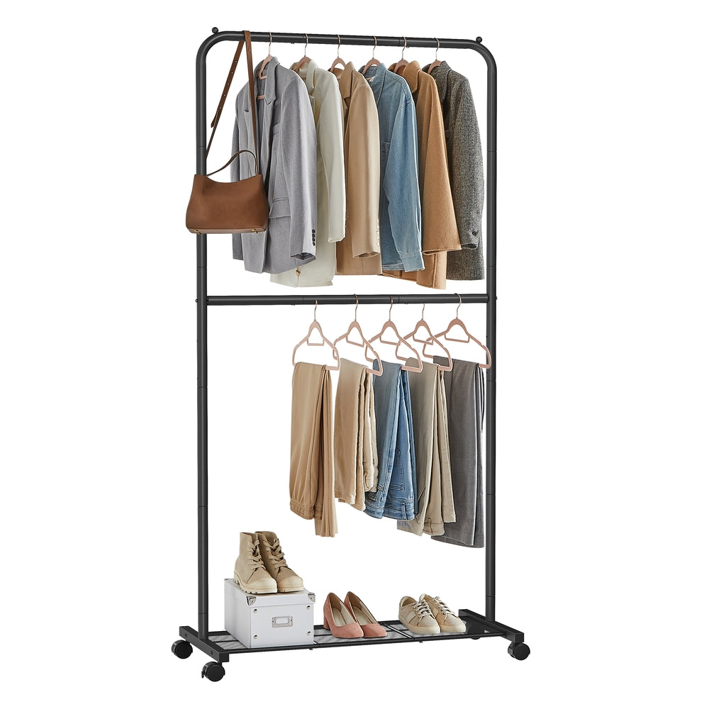 Black Double Clothes Rail with Shelf and Wheels