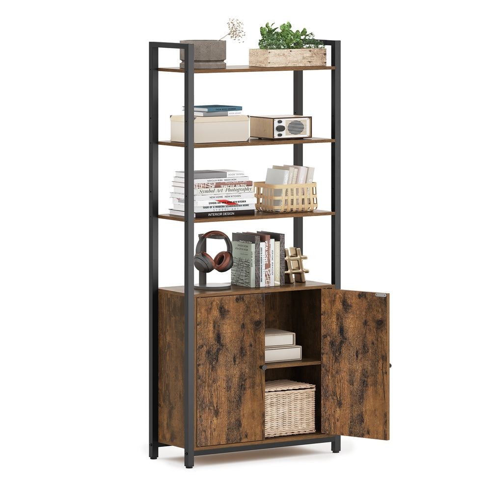 Rustic Brown and Ink Black Six-Tier Bookcase with Cabinet