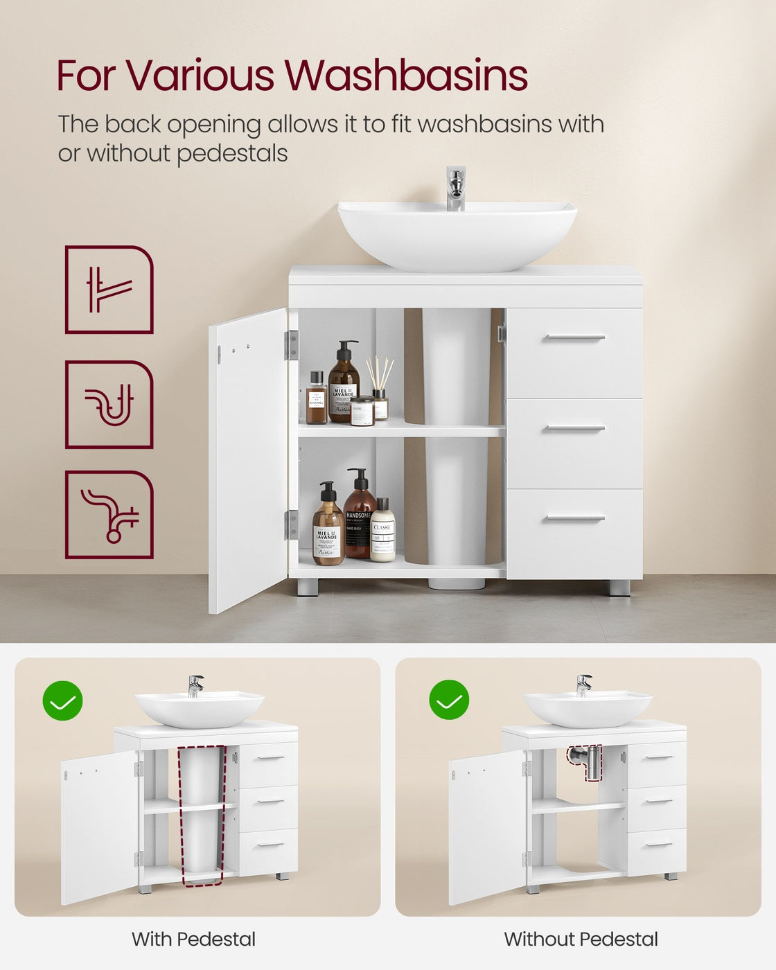 Under-Sink Bathroom Cabinet, 30 x 70 x 64 cm, Cloud White - image 5