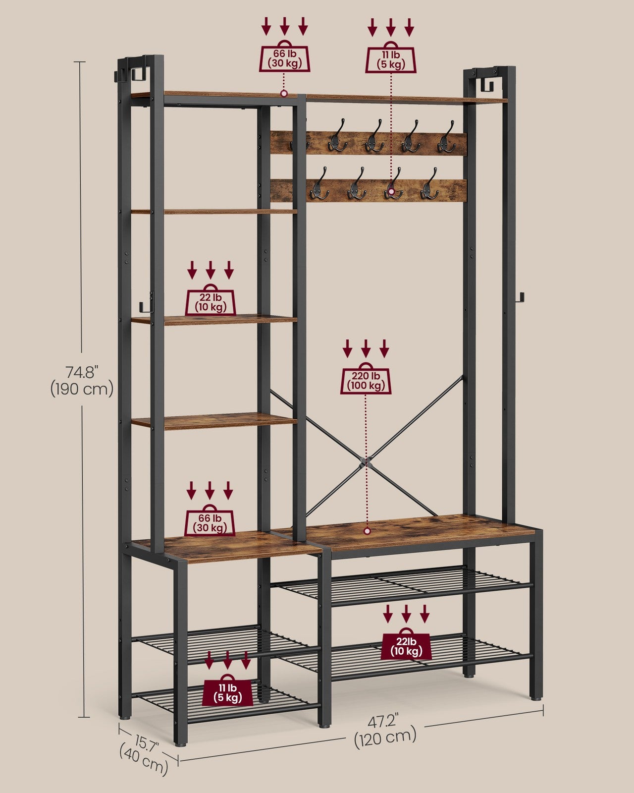 9 Hook Coat Rack with Shoe Bench - image 6