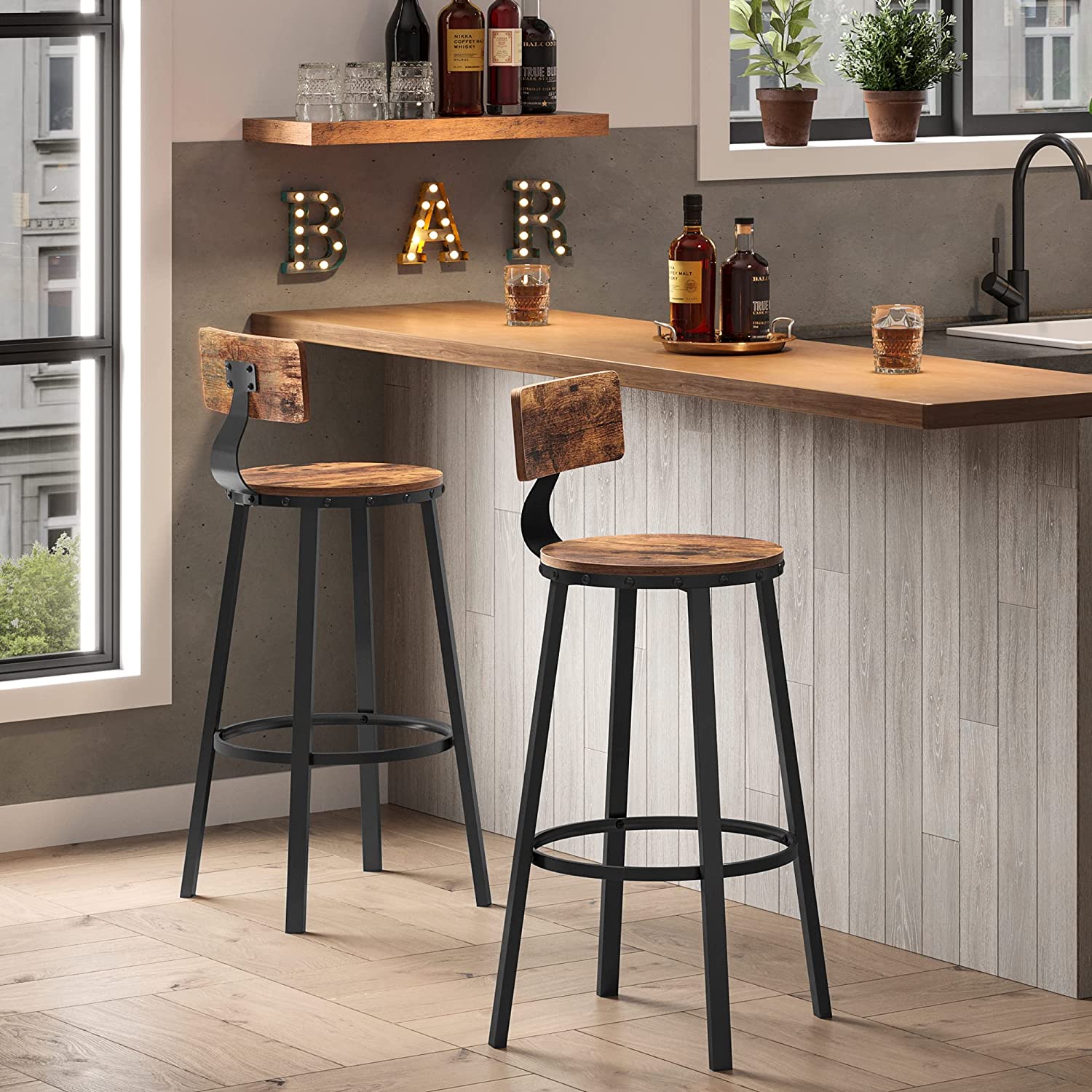 Set of 2 Industrial Brown Bar Stools with Backrests - image 2