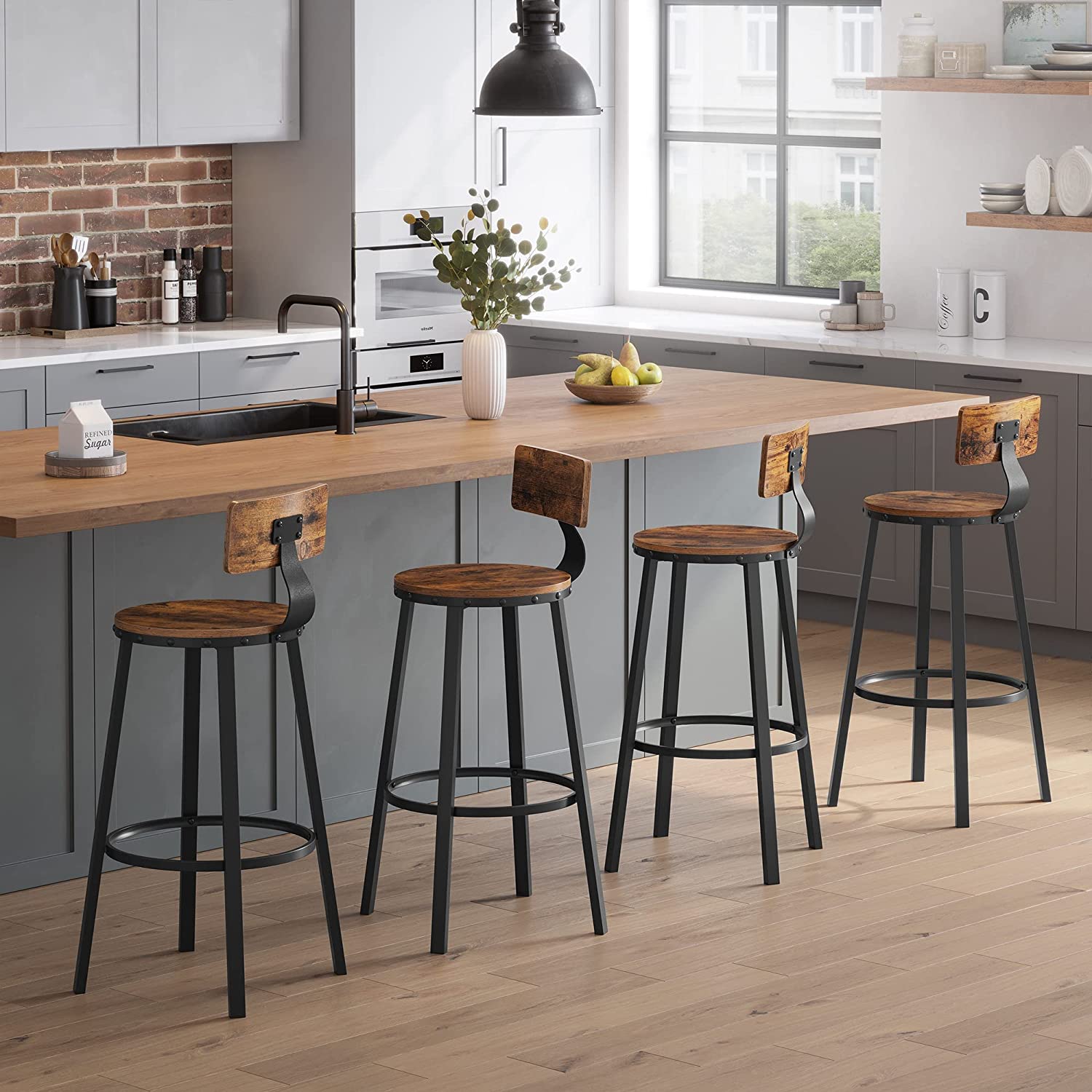 Set of 2 Industrial Brown Bar Stools with Backrests - image 3