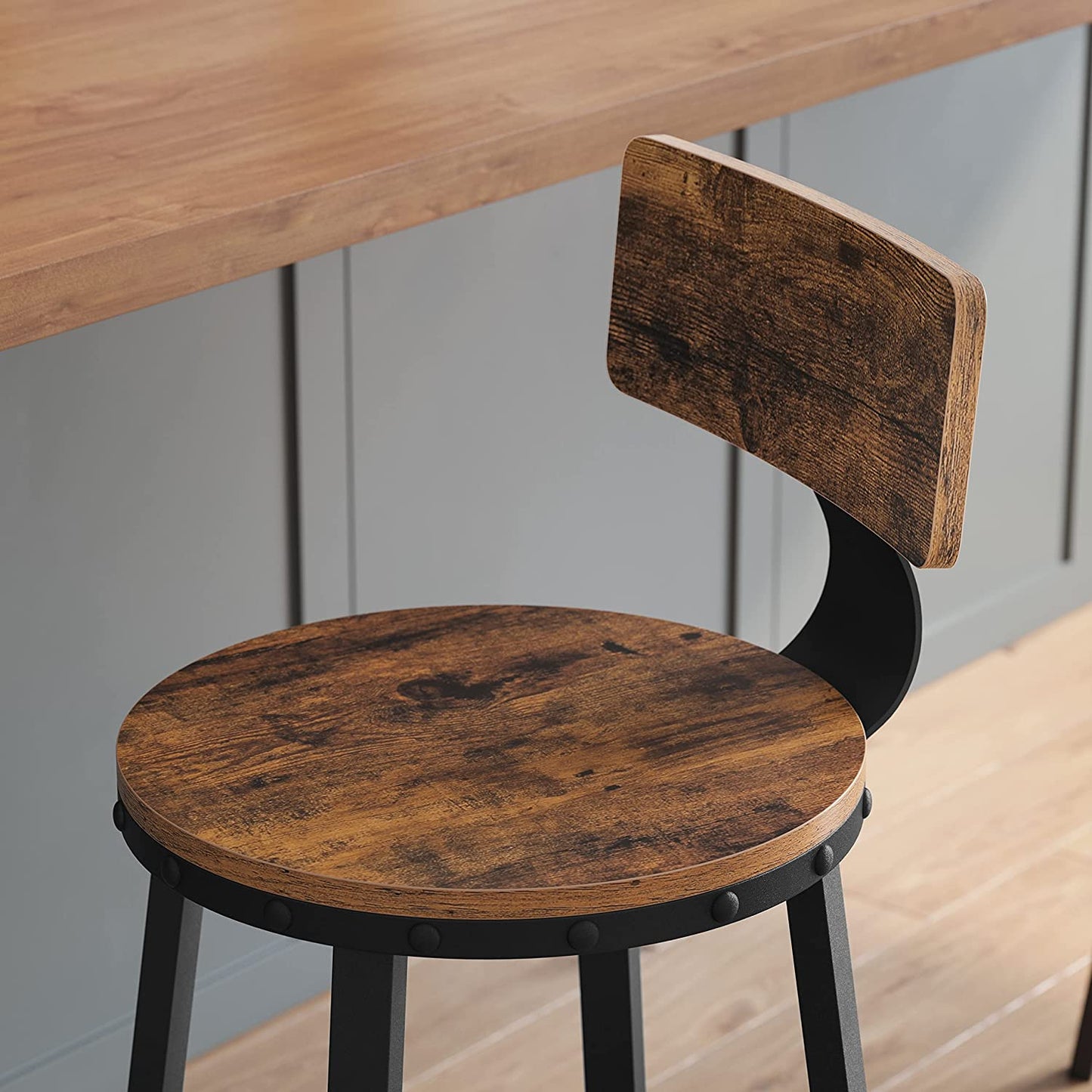 Set of 2 Industrial Brown Bar Stools with Backrests - image 5